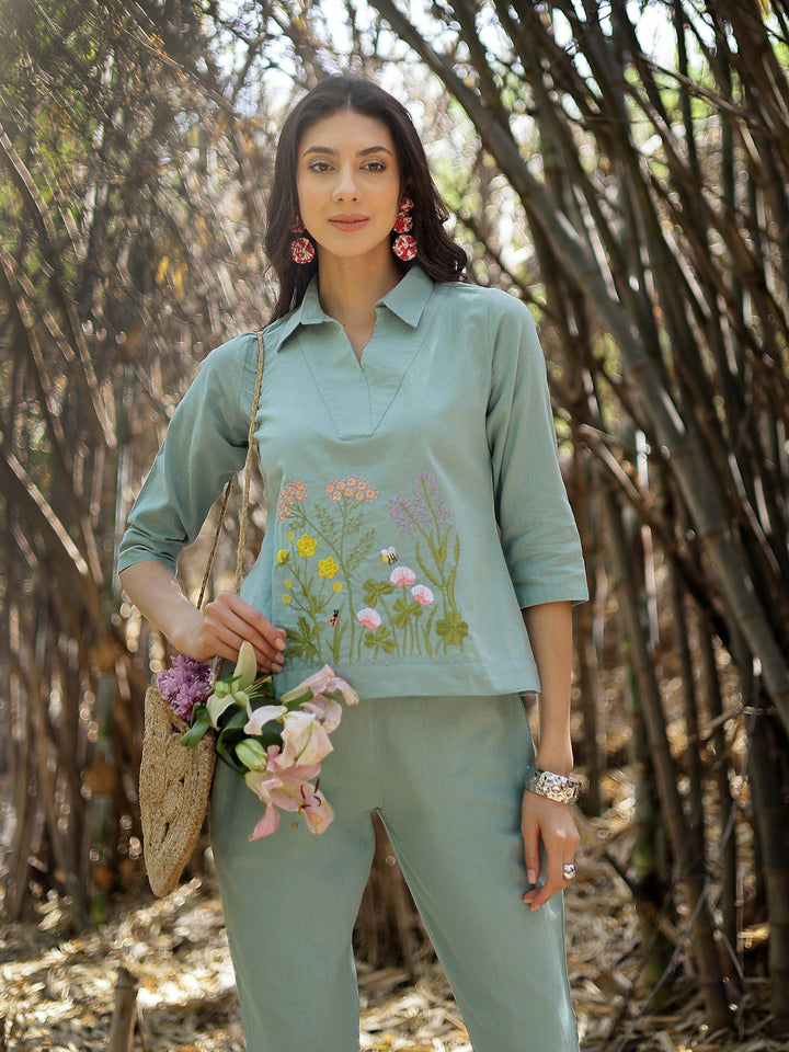 Turquoise-Cotton-Solid-&-Embroidered-Co-Ord-Set