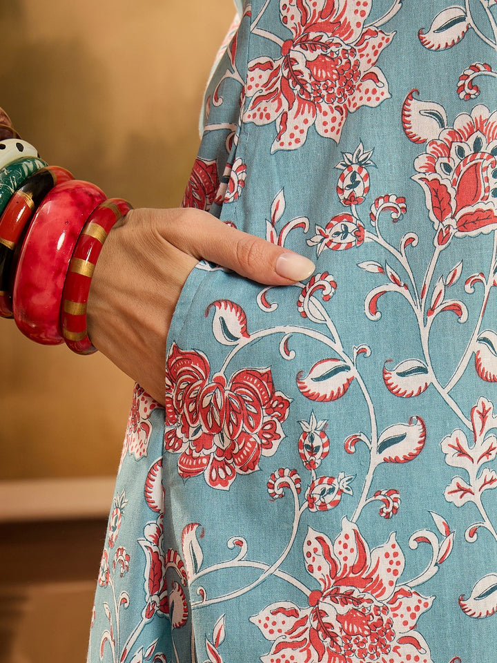 Turq Blue Floral Printed Cotton Co-ords Set