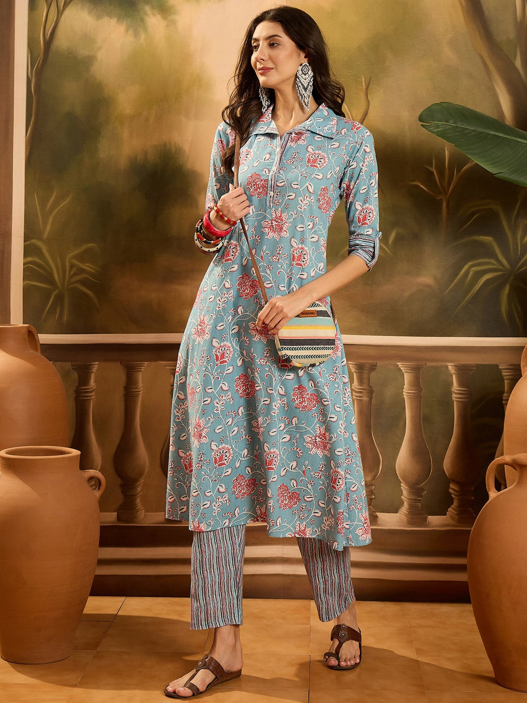 Turq Blue Floral Printed Cotton Co-ords Set
