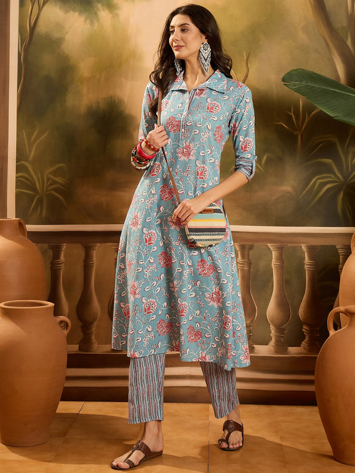 Turq Blue Floral Printed Cotton Co-ords Set