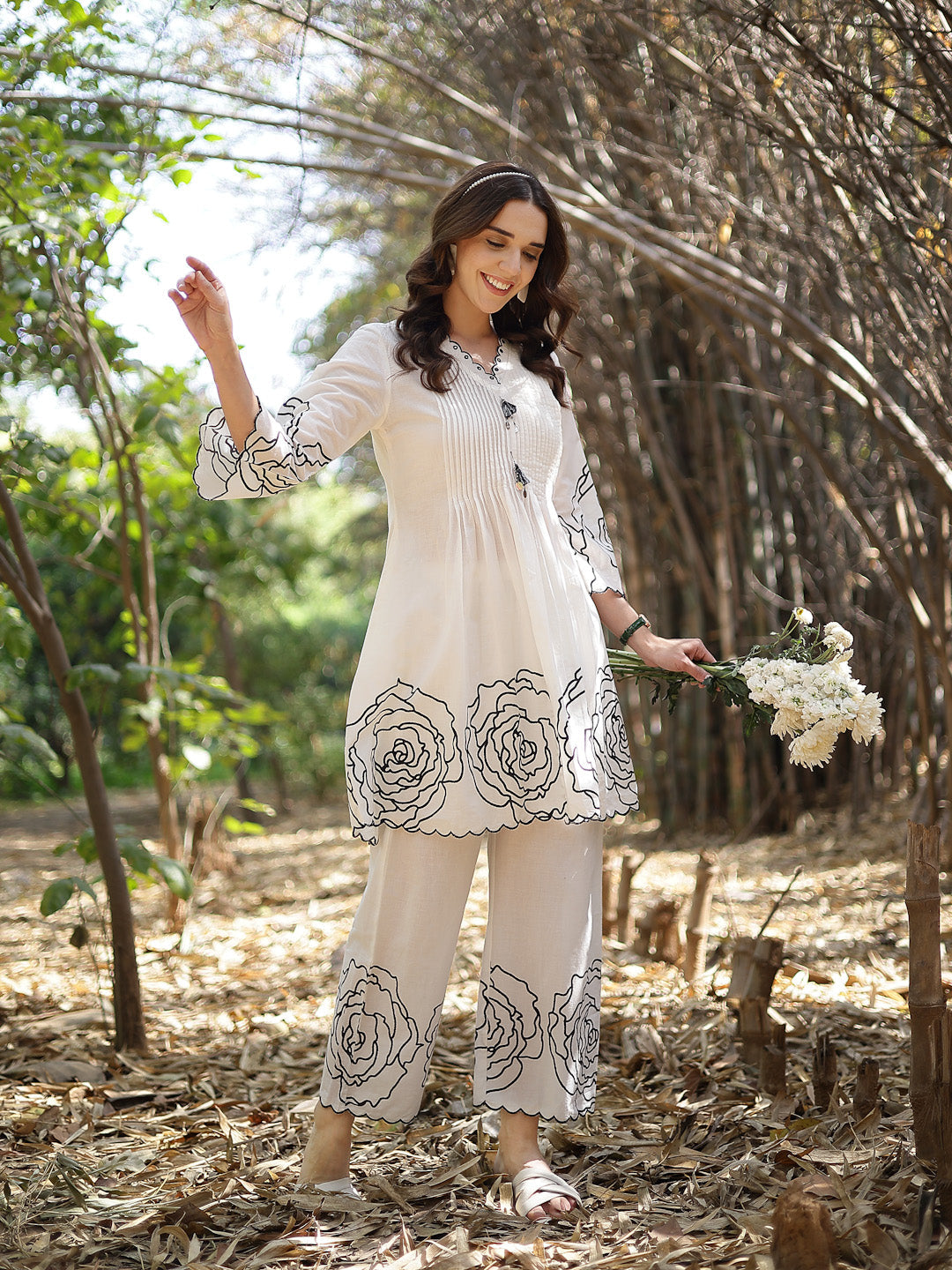 White Floral & Embroidered Cotton Co-ord Set