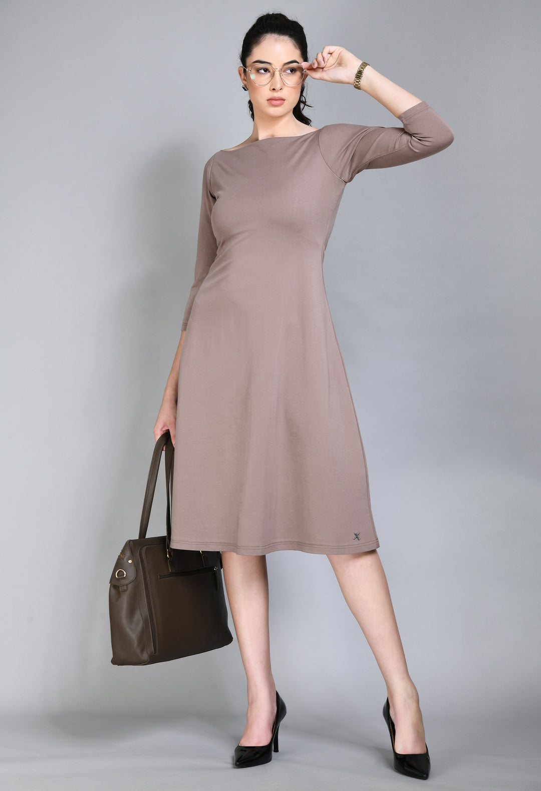 Camel-Beige-Cotton-Blend-Dignity-Boat-Neck-A-Line-Dress