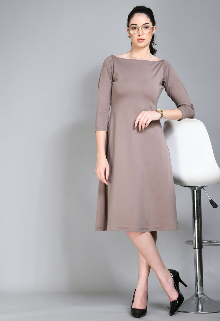 Camel-Beige-Cotton-Blend-Dignity-Boat-Neck-A-Line-Dress