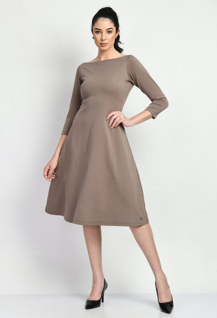 Camel-Beige-Cotton-Blend-Dignity-Boat-Neck-A-Line-Dress