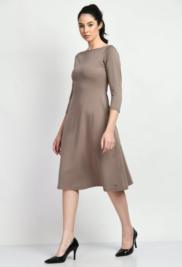 Camel-Beige-Cotton-Blend-Dignity-Boat-Neck-A-Line-Dress