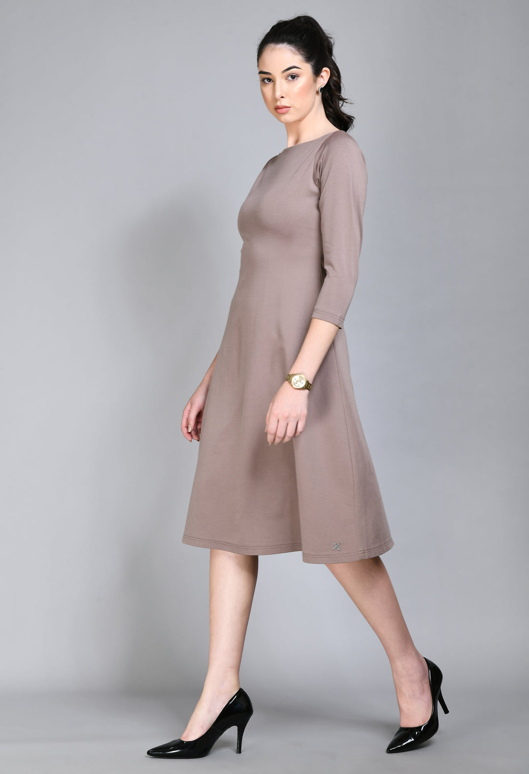 Camel-Beige-Cotton-Blend-Dignity-Boat-Neck-A-Line-Dress