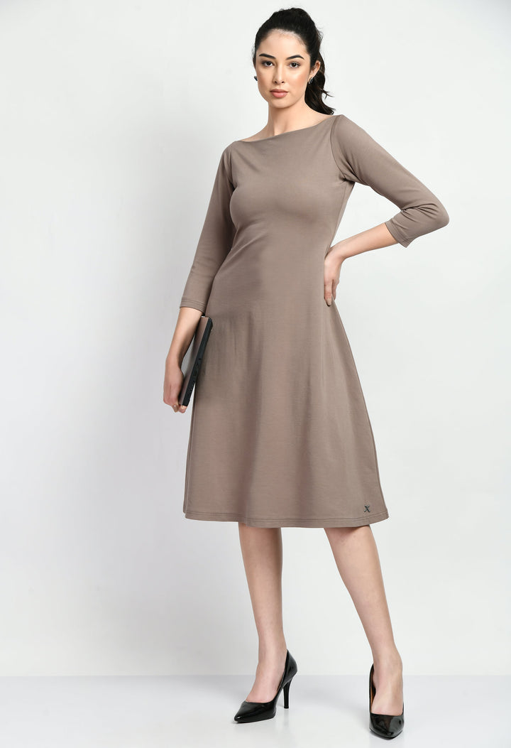 Camel-Beige-Cotton-Blend-Dignity-Boat-Neck-A-Line-Dress