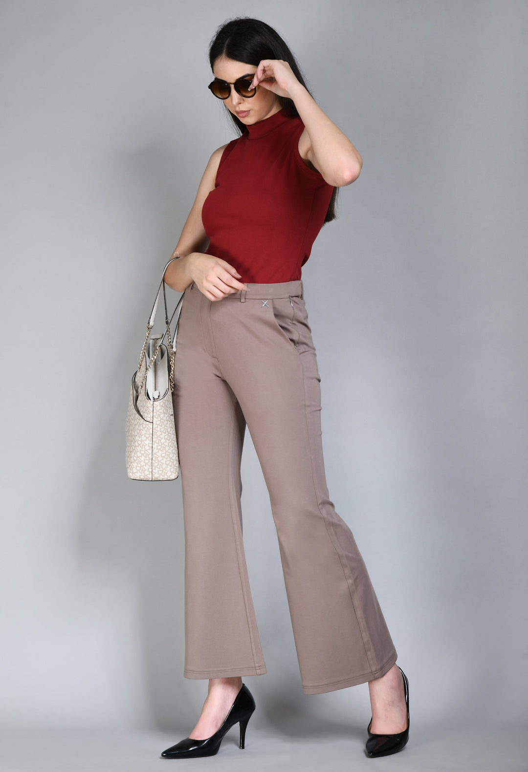 Camel-Beige-Cotton-Blend-Solid-Stretch-Bootcut-Trouser