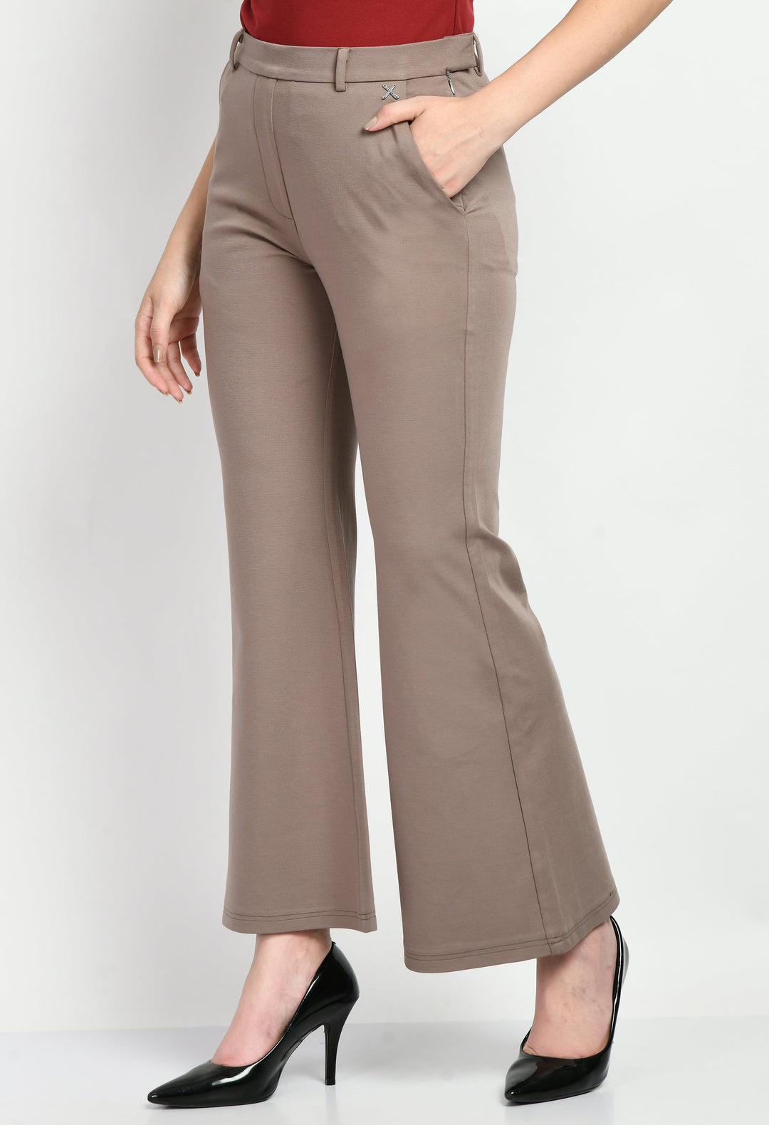 Camel-Beige-Cotton-Blend-Solid-Stretch-Bootcut-Trouser