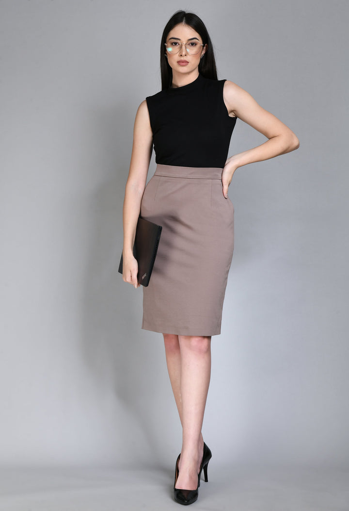 Camel-Beige-Leadership-Solid-Stretch-Pencil-Skirt