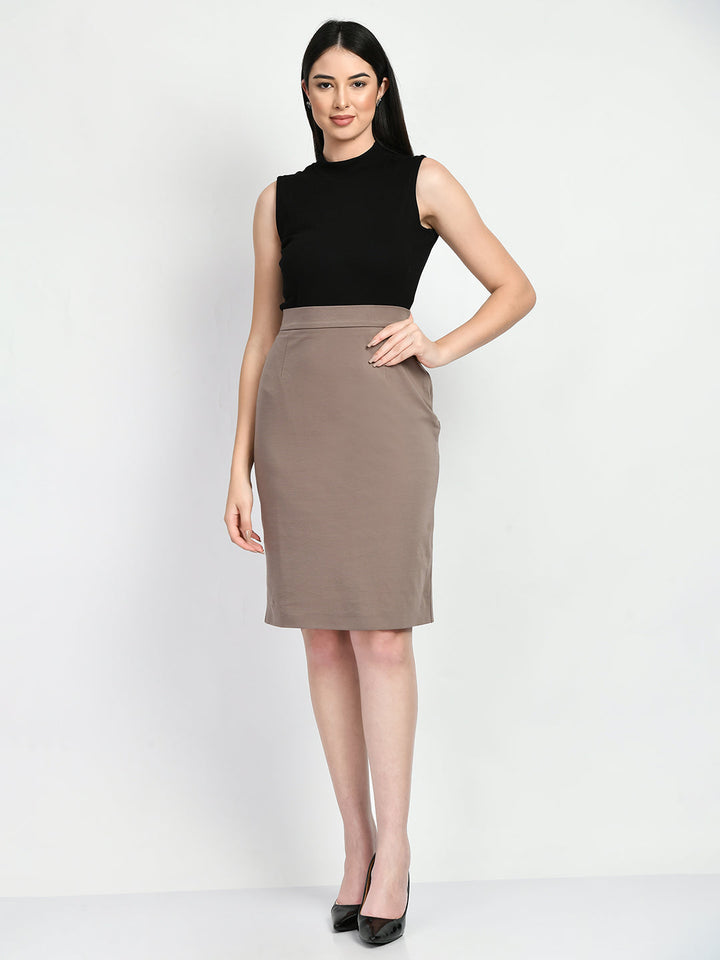 Camel-Beige-Leadership-Solid-Stretch-Pencil-Skirt