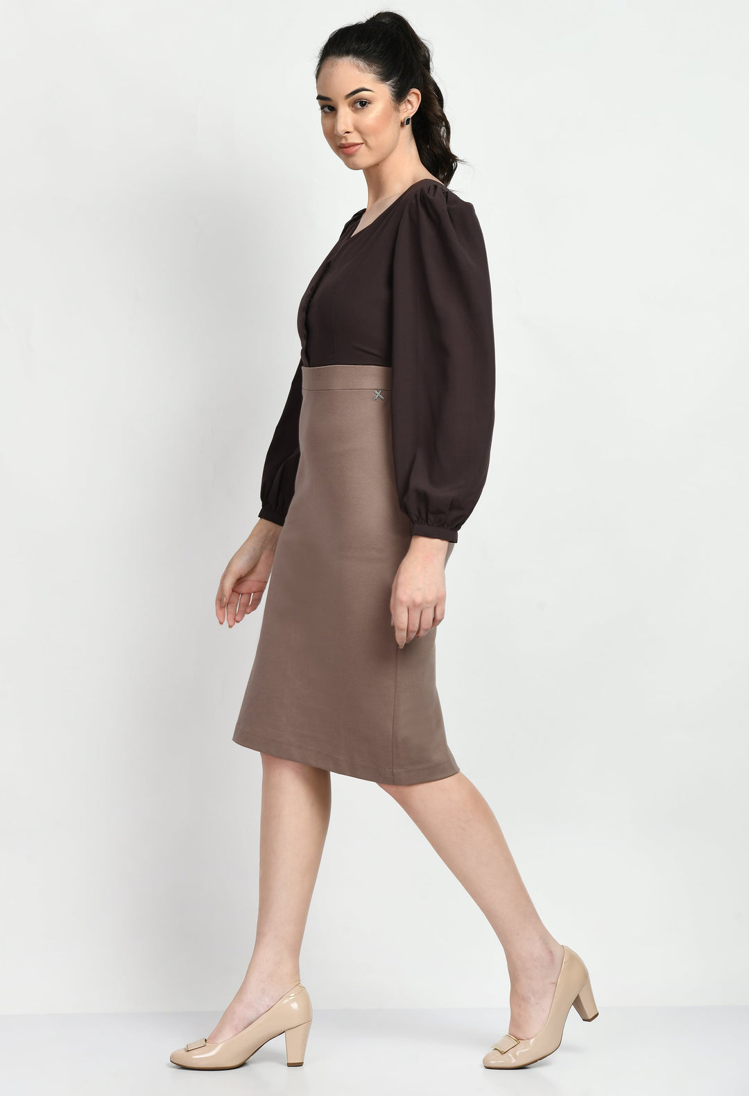 Camel-Beige-&-Coffee-Brown-Cotton-Blend-Block-Sheath-Dress