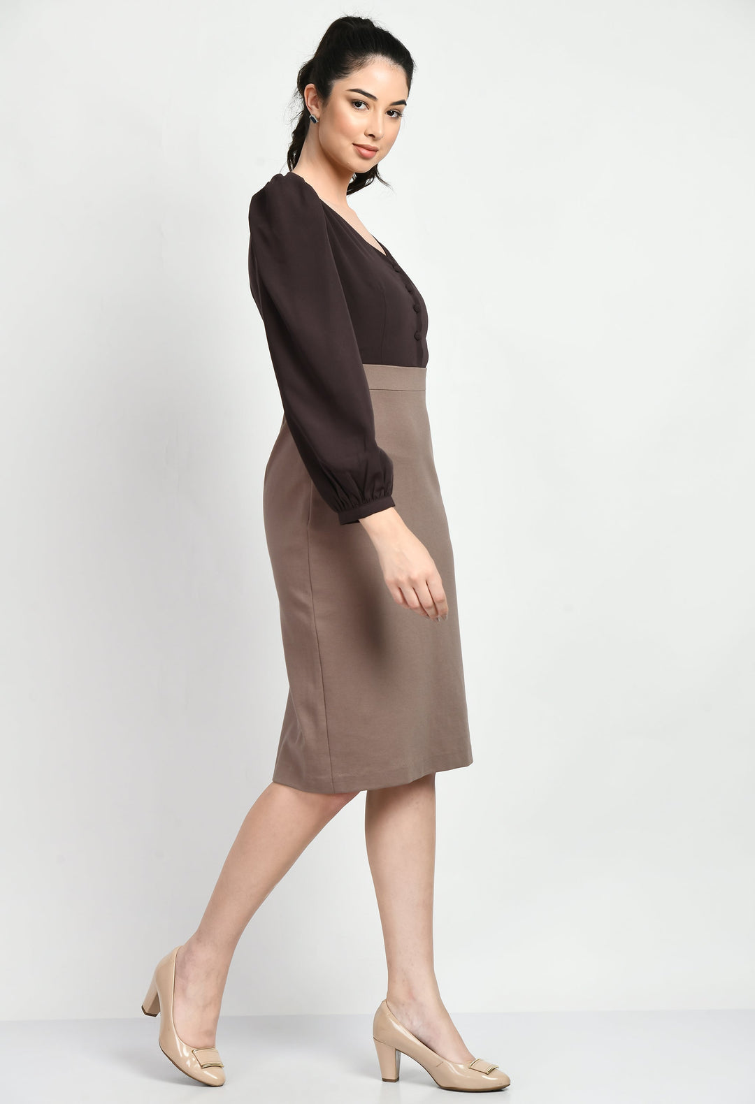 Camel-Beige-&-Coffee-Brown-Cotton-Blend-Block-Sheath-Dress