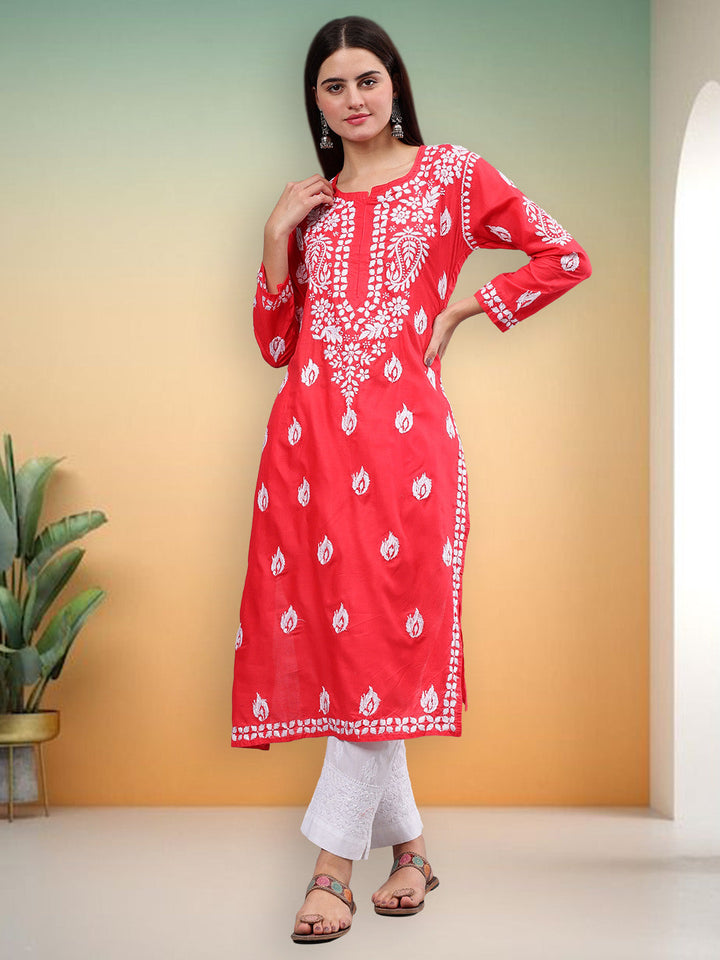 Carrot-Pink-Cotton-Embroidered-Chikankari-Kurti