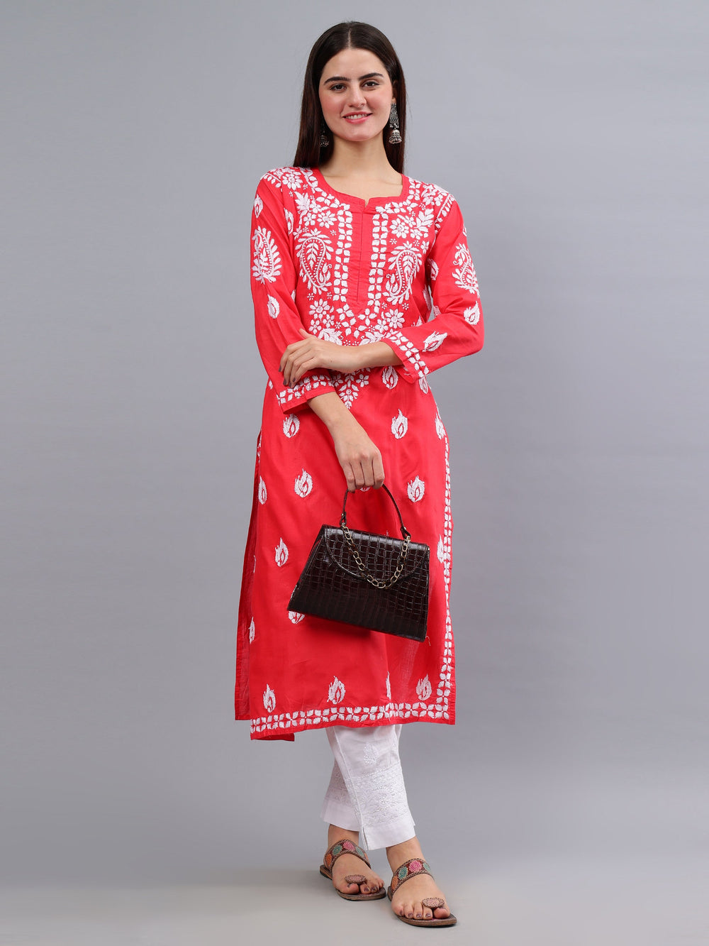 Carrot-Pink-Cotton-Embroidered-Chikankari-Kurti