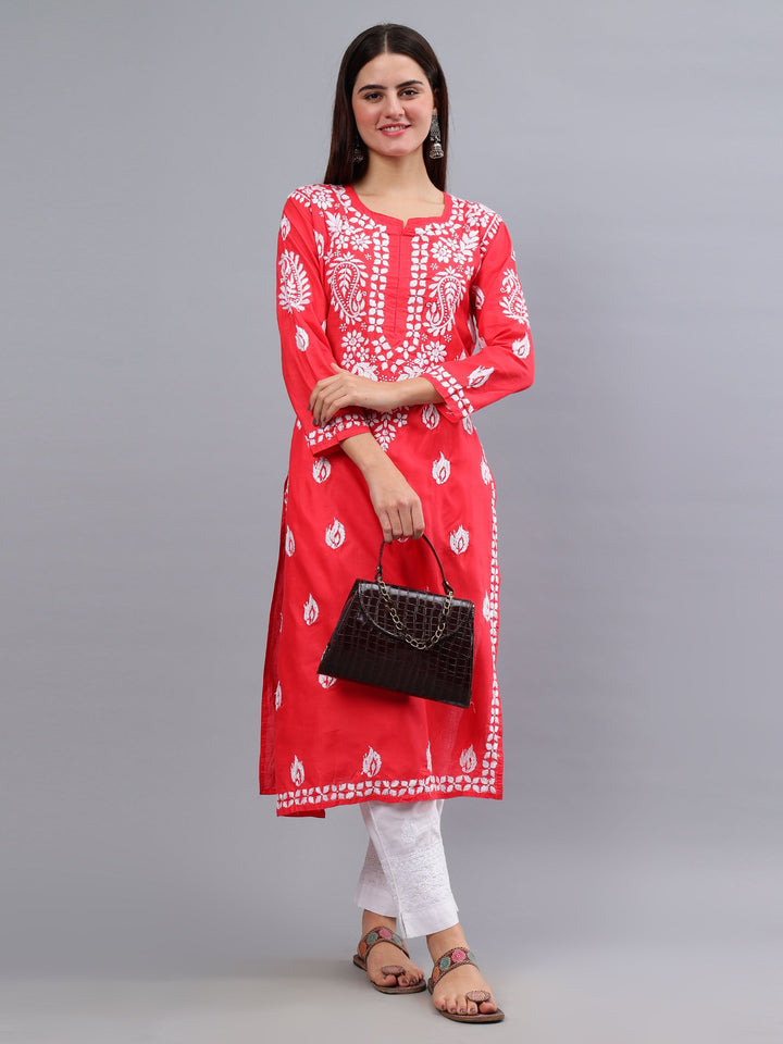 Carrot-Pink-Cotton-Embroidered-Chikankari-Kurti