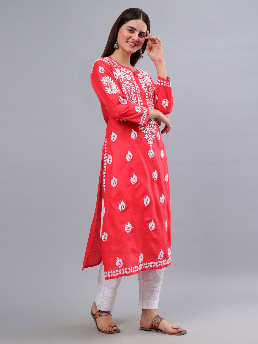 Carrot-Pink-Cotton-Embroidered-Chikankari-Kurti