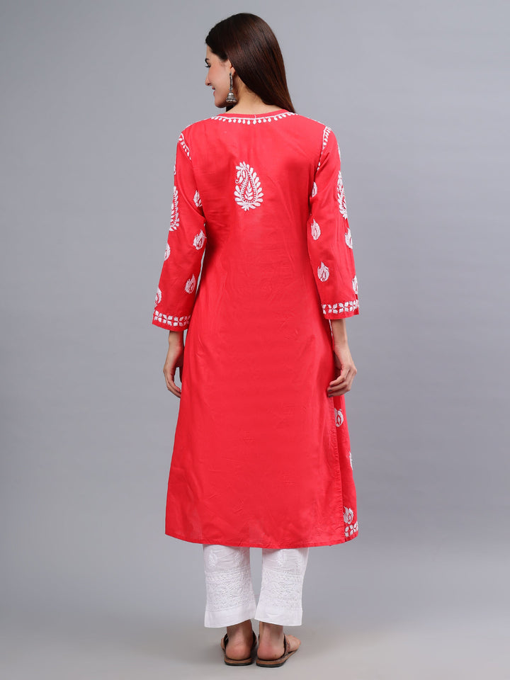 Carrot-Pink-Cotton-Embroidered-Chikankari-Kurti