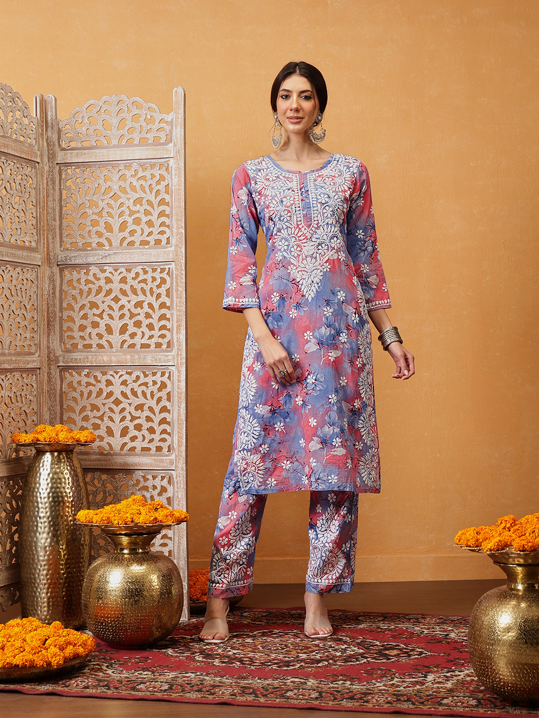 Carrot-Pink-Cotton-Lucknowi-Chikankari-Printed-Kurta-Set