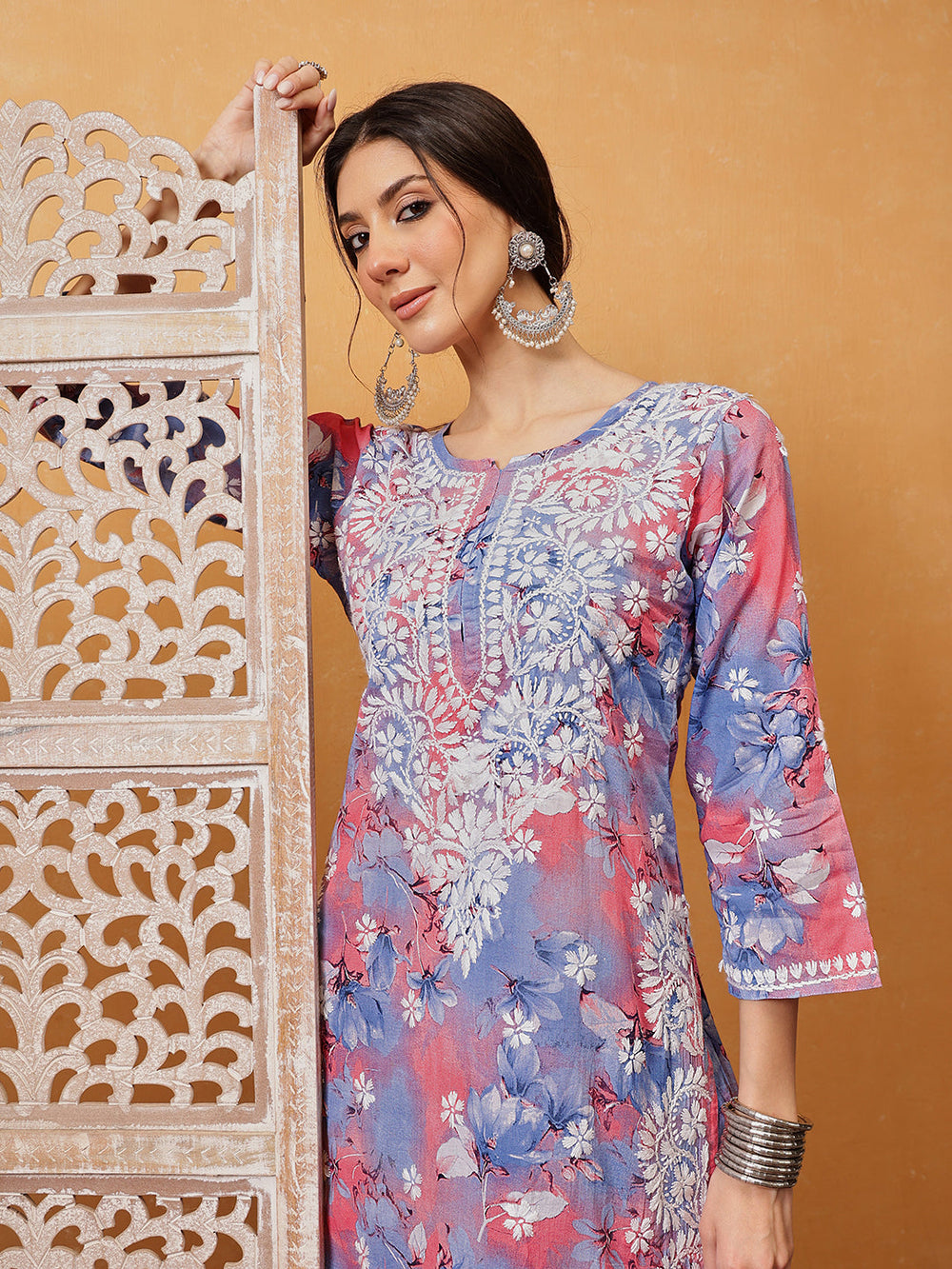 Carrot-Pink-Cotton-Lucknowi-Chikankari-Printed-Kurta-Set