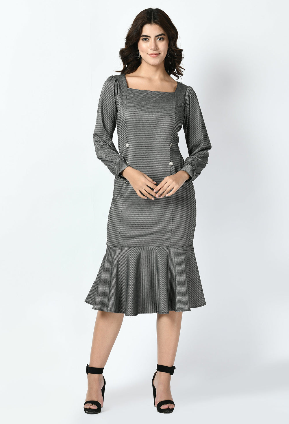 Charcoal-Black-Peak-Checked-Fishtail-Midi-Dress