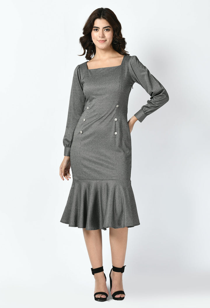 Charcoal-Black-Peak-Checked-Fishtail-Midi-Dress