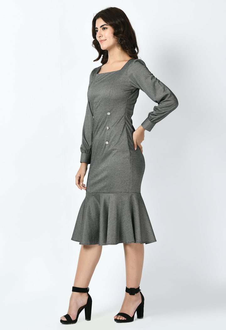 Charcoal-Black-Peak-Checked-Fishtail-Midi-Dress