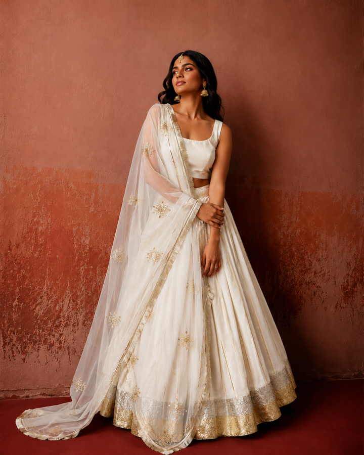 Off White Silk Sleeveless Lehenga Set