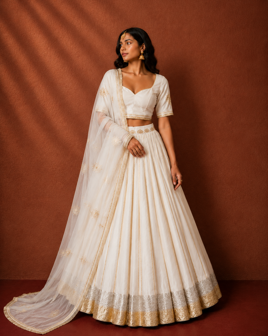 Off White Silk Sleeved Blouse Lehenga Set