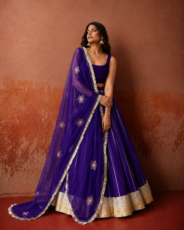 Purple Silk Sleeveless Lehenga Set