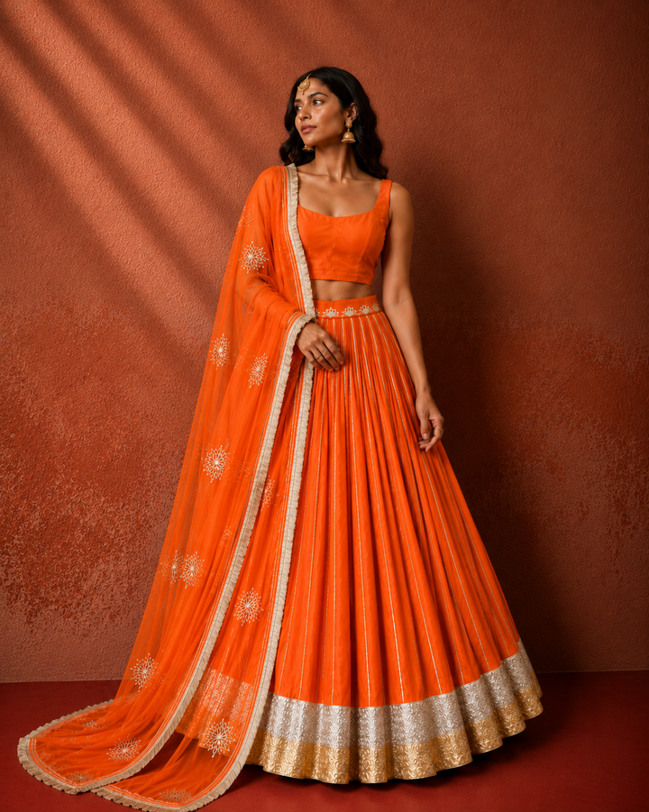Orange Silk Sleeveless Lehenga Set