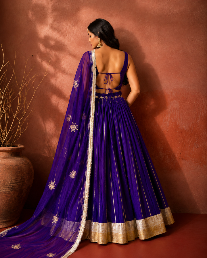 Purple Silk Sleeveless Lehenga Set