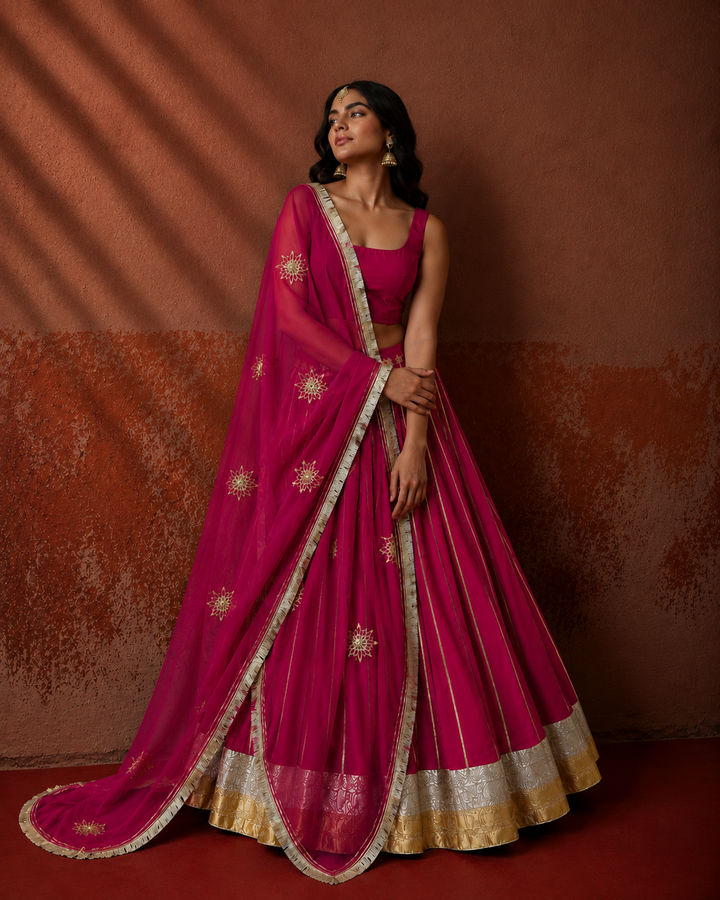 Wine Silk Sleeveless Blouse Lehenga Set
