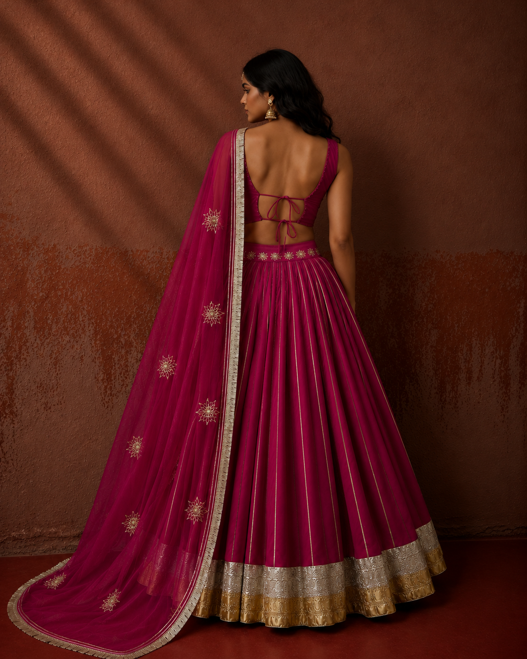 Wine Silk Sleeveless Blouse Lehenga Set
