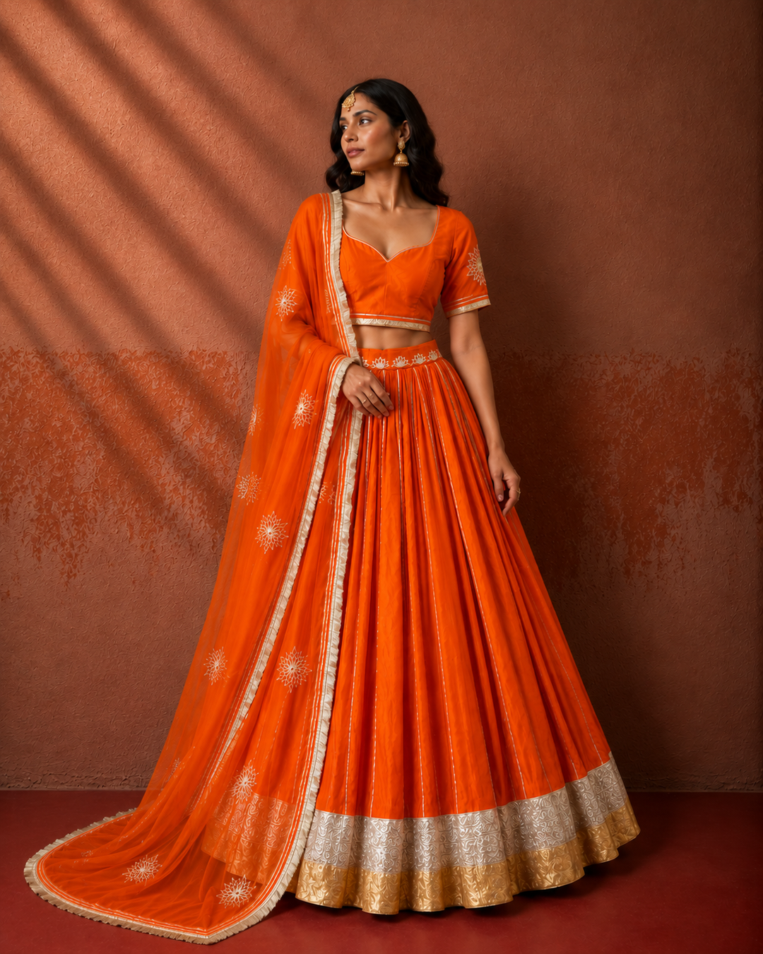 Orange Silk Sleeved Blouse Lehenga Set