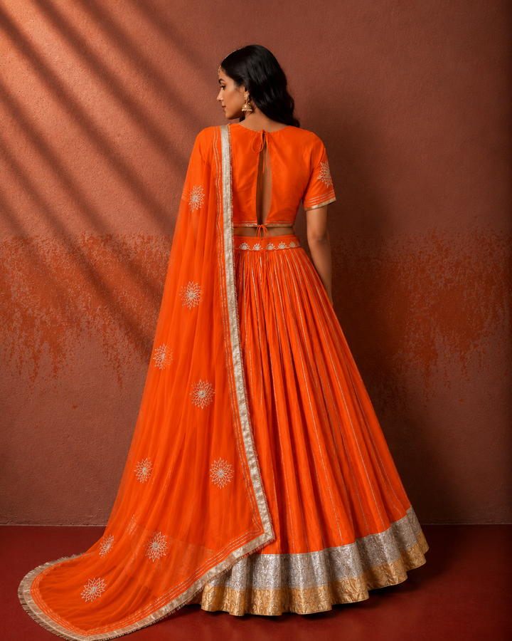 Orange Silk Sleeved Blouse Lehenga Set