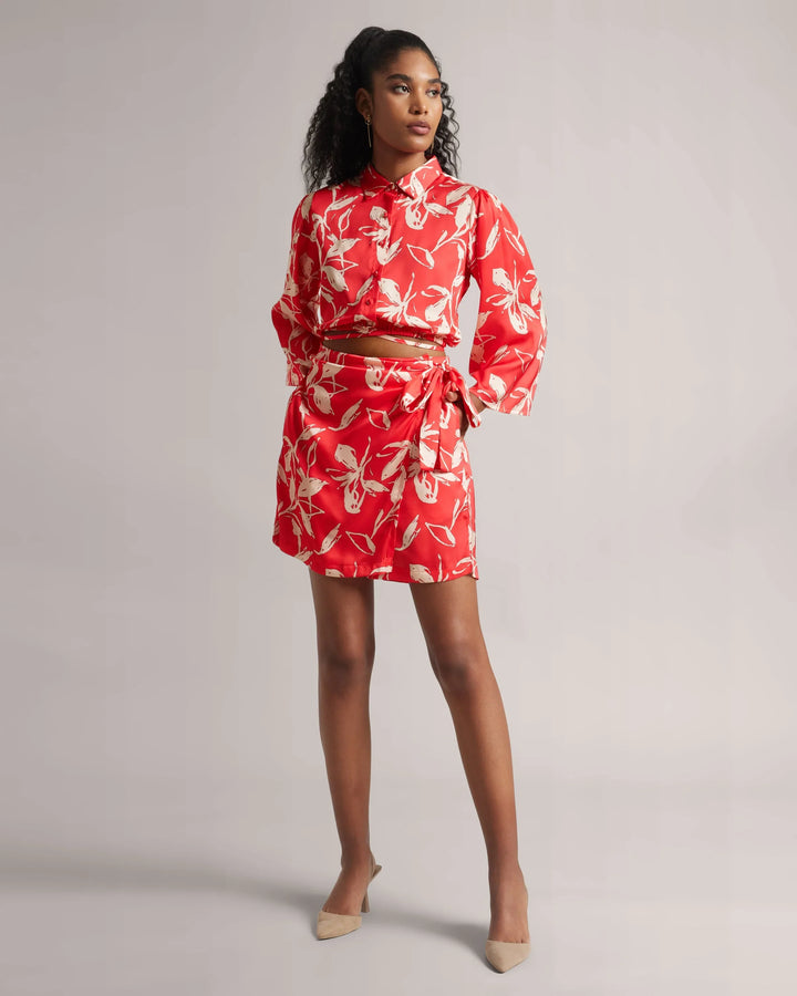 Classic Red Satin Tie-Up Shirt & "Skort" Co-Ord Set