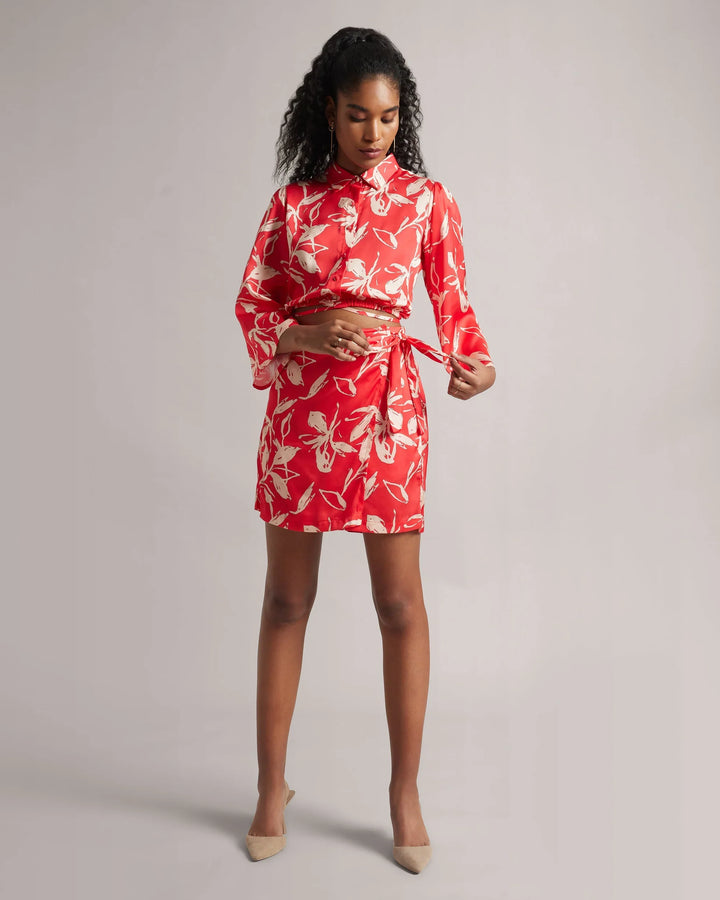 Classic Red Satin Tie-Up Shirt & "Skort" Co-Ord Set