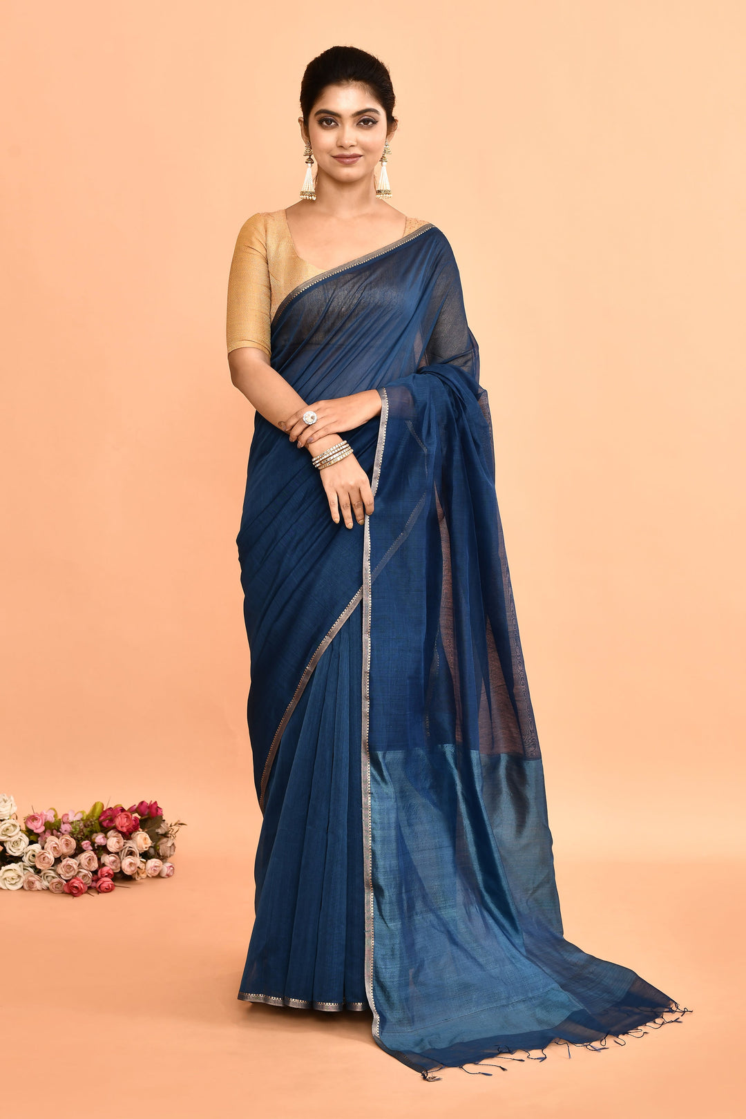 Cobalt-Blue-Maheshwari-Plain-Saree-With-Resham-Pallu