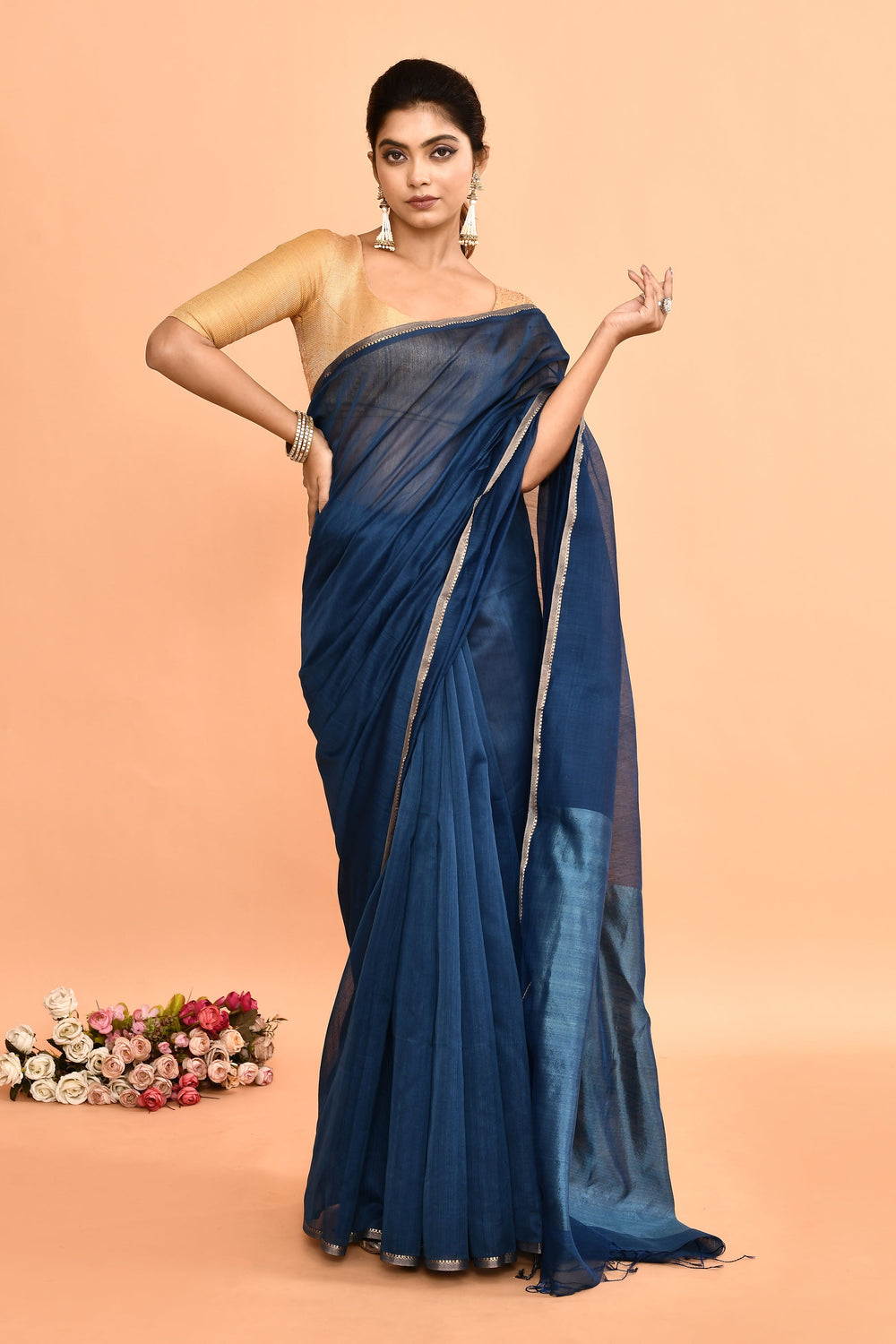 Cobalt-Blue-Maheshwari-Plain-Saree-With-Resham-Pallu