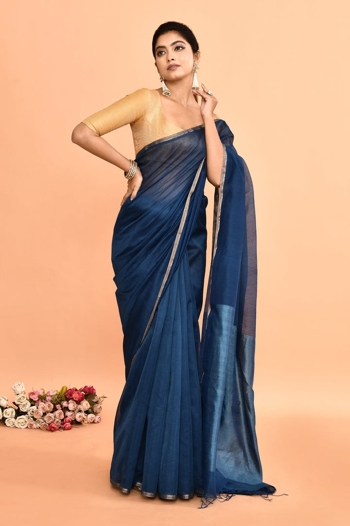 Cobalt-Blue-Maheshwari-Plain-Saree-With-Resham-Pallu