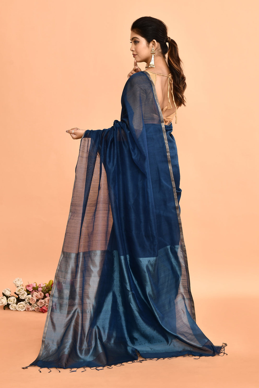 Cobalt-Blue-Maheshwari-Plain-Saree-With-Resham-Pallu