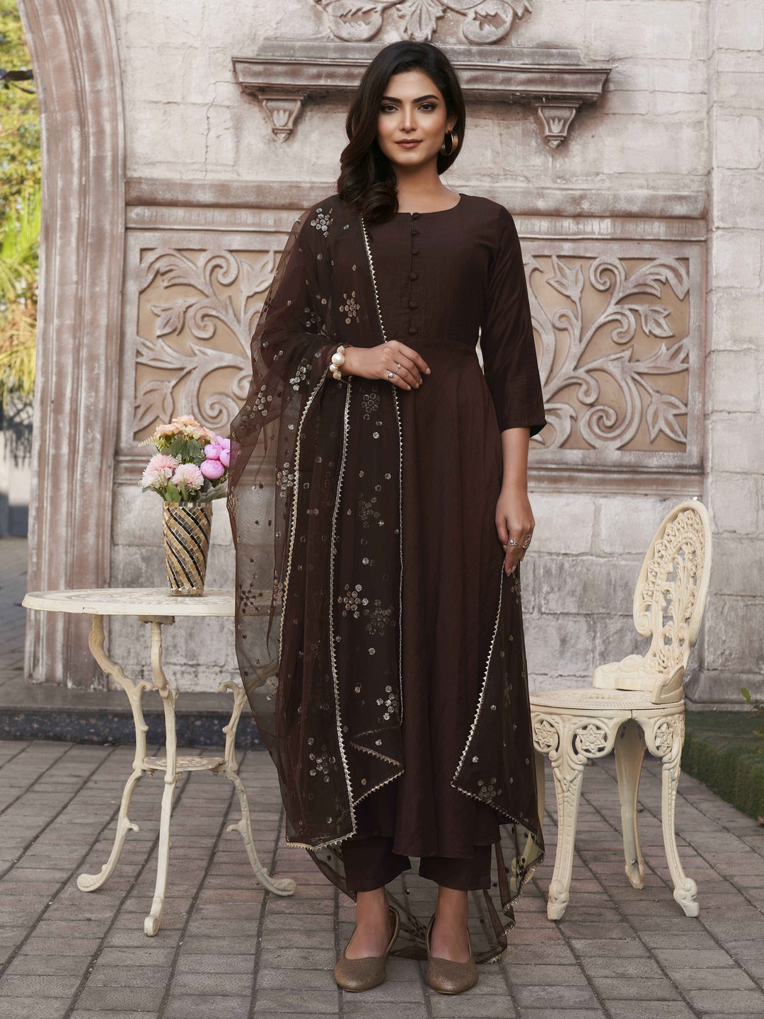 Coco-Brown-Chinon-Flared-Kurta-Set