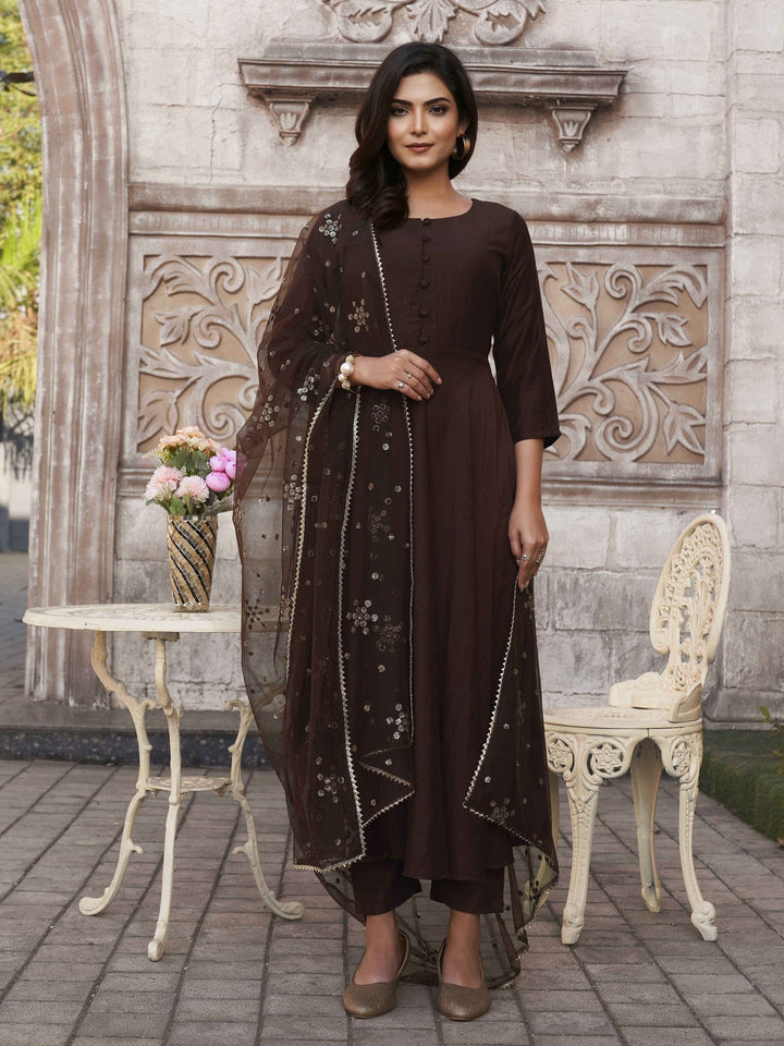 Coco-Brown-Chinon-Flared-Kurta-Set