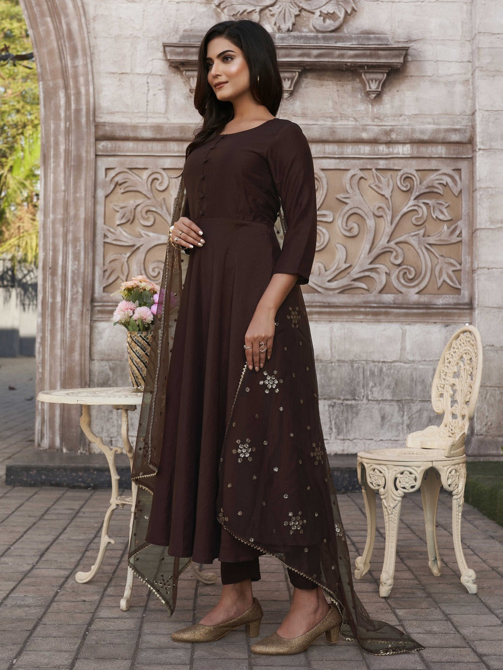 Coco-Brown-Chinon-Flared-Kurta-Set
