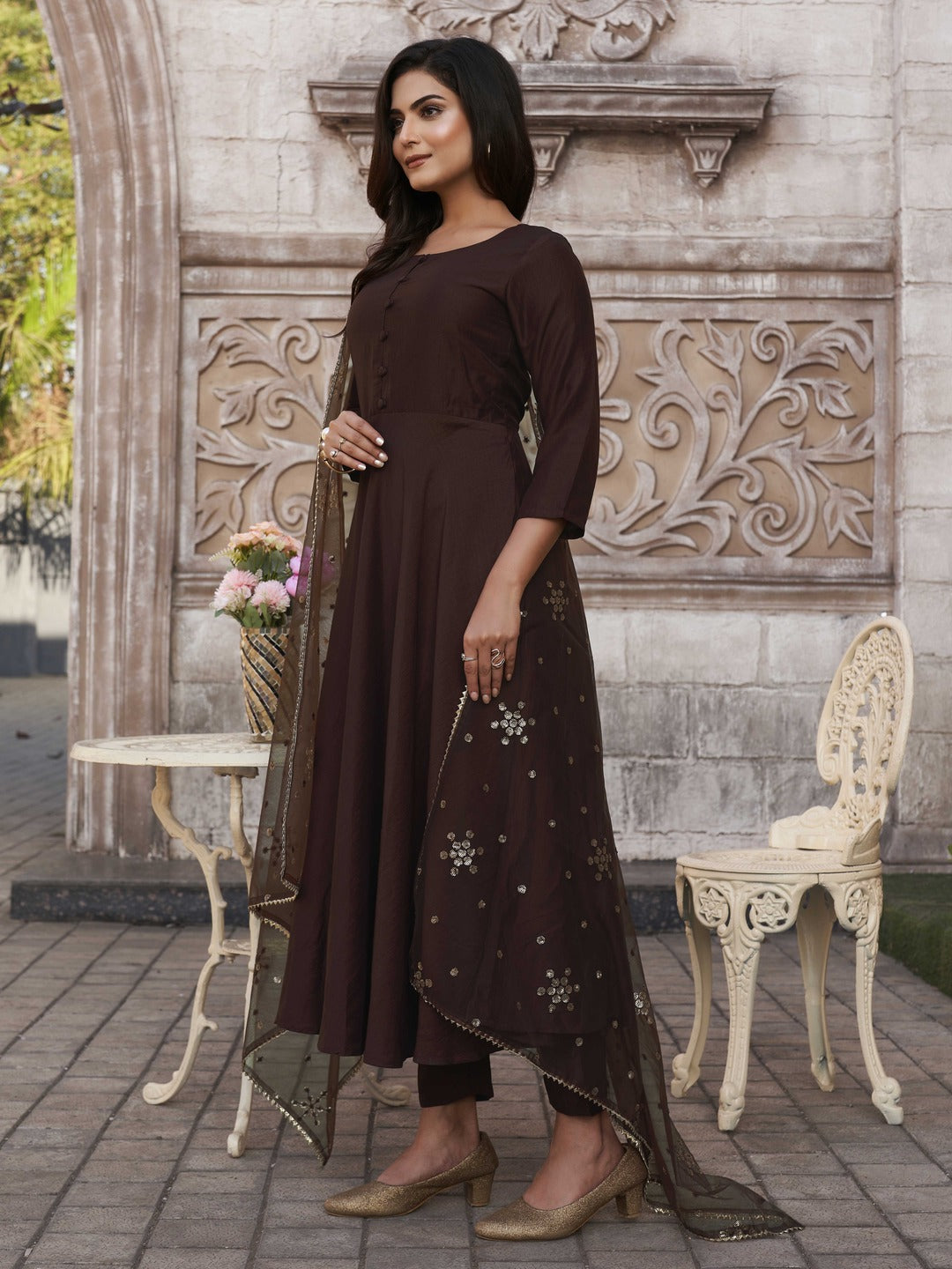 Coco-Brown-Chinon-Flared-Kurta-Set