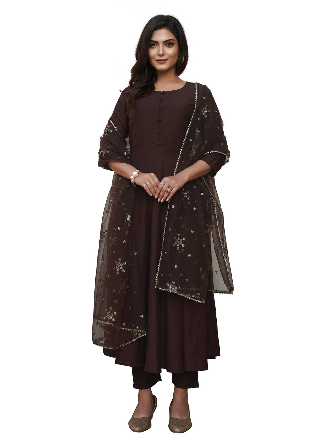 Coco-Brown-Chinon-Flared-Kurta-Set