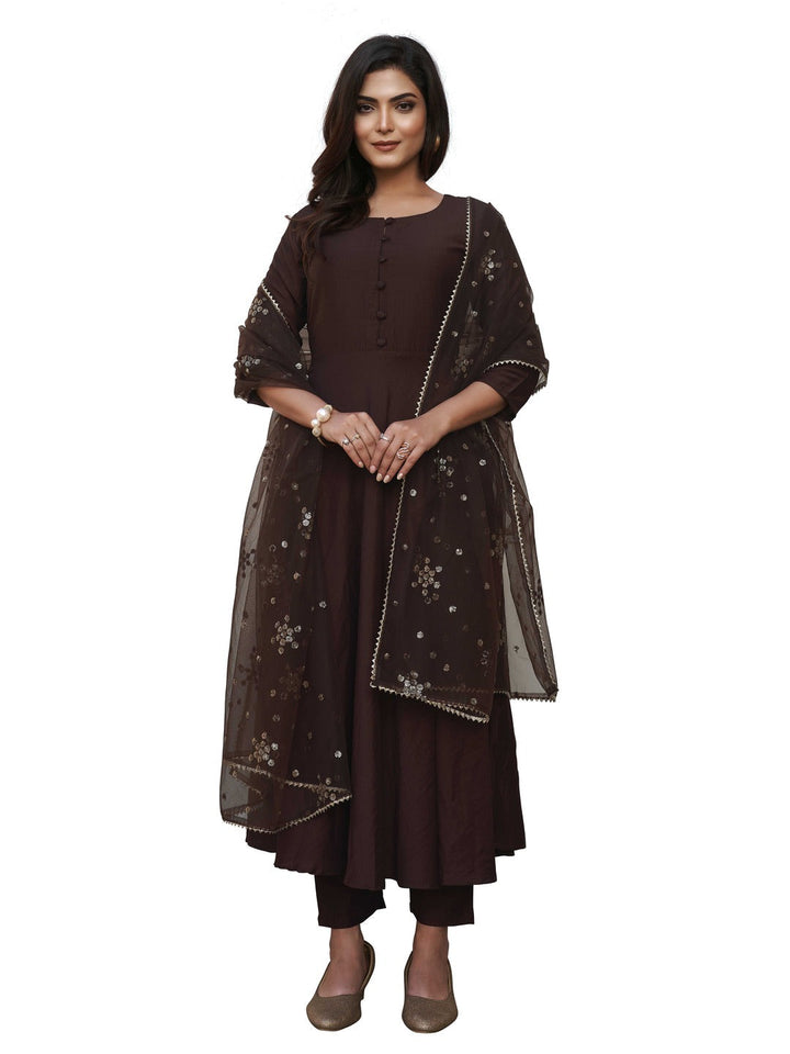 Coco-Brown-Chinon-Flared-Kurta-Set