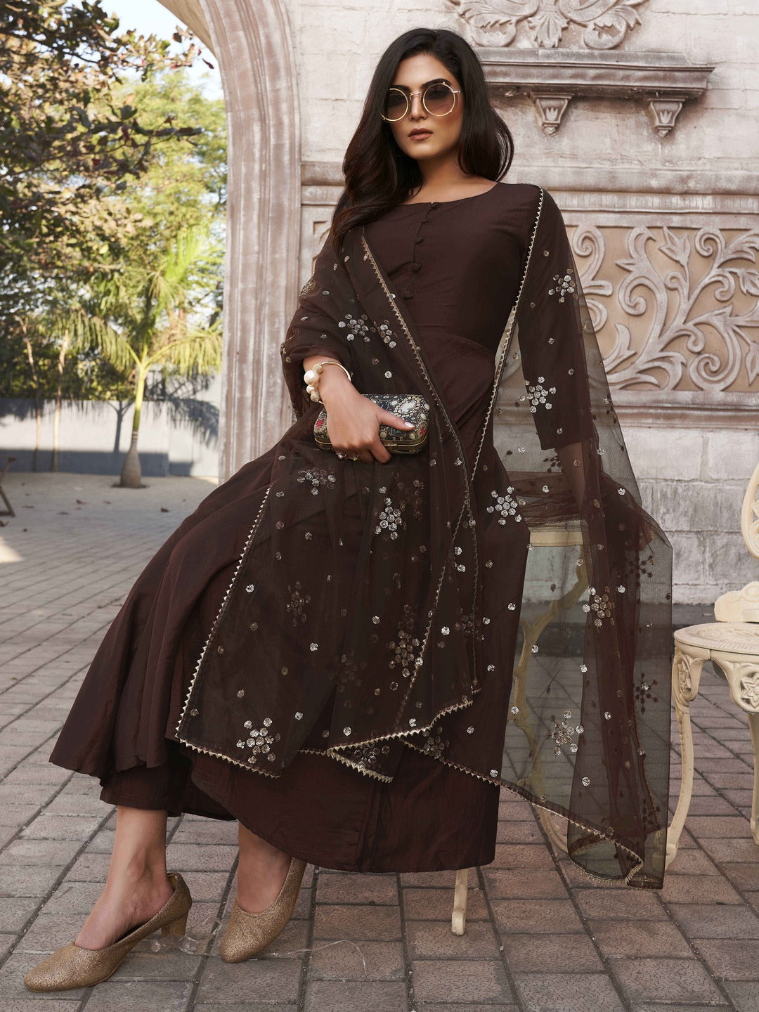 Coco-Brown-Chinon-Flared-Kurta-Set