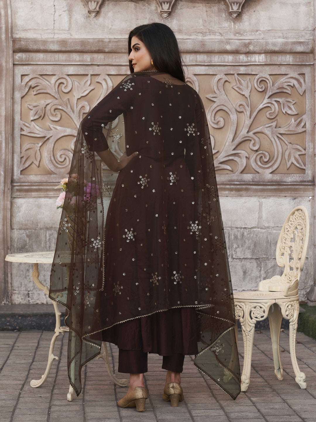 Coco-Brown-Chinon-Flared-Kurta-Set